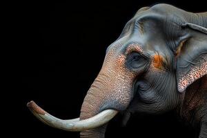 An elephant with long tusks and a black background photo