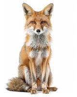 A red fox sitting in front of a white background photo