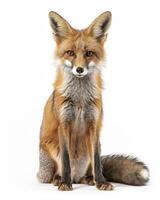 A fox sitting in front of a white background photo