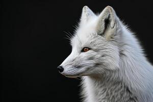 A white fox with orange eyes looking off to the side photo