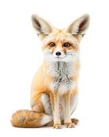 A red fox sitting down on a white background photo