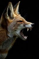 A close up of a fox with its mouth open photo