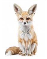 A red fox sitting in front of a white background photo