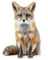 A fox sits in front of a white background photo