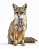 A gray fox sitting down on a white background photo