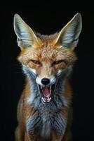 A red fox with its mouth open on a black background photo
