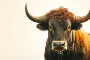 A close up of a bull with long horns photo