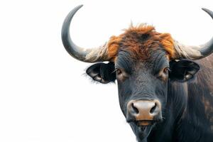 A close up of a bull with large horns photo