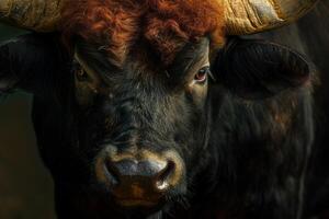 A close up of a bull with a large horn photo