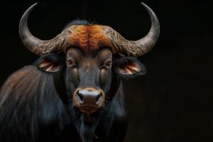 A close up of a buffalo with big horns photo