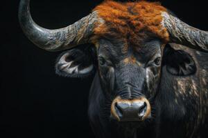 A close up of a bull with a long horn photo