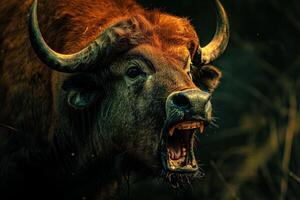 A bull with its mouth open and its horns are sharp photo