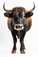 A bull with long horns standing in front of a white background photo