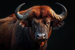 A close up of a buffalo with large horns photo