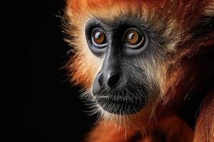 A close up of a red - headed monkey photo