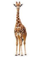 A giraffe standing in front of a white background photo
