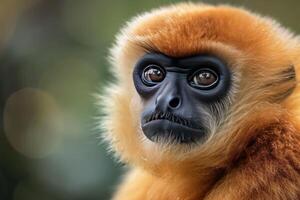 A close up of a monkey with a big black eye photo
