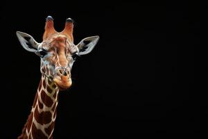 A giraffe is standing in front of a black background photo