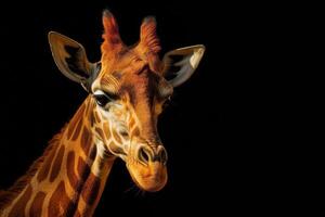 A giraffe is standing in front of a black background photo