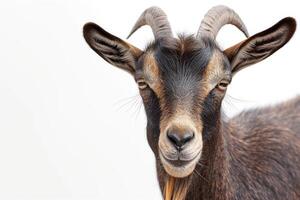 A goat with long horns on a white background photo