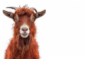 A goat with long hair standing in front of a white background photo