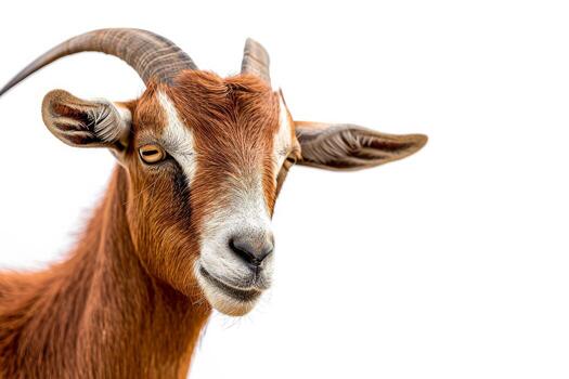 A goat with long horns on a white background photo