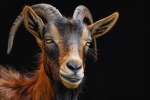 A goat with long horns on a black background photo