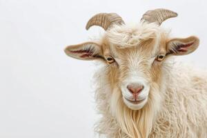 A goat with long horns and a white background photo
