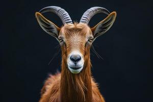 A goat with long horns on a black background photo