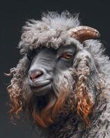 A sheep with long hair and a big horn photo