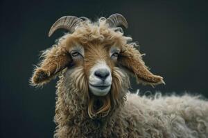 A goat with long hair and horns photo