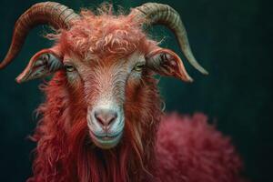 A goat with long horns and red hair photo