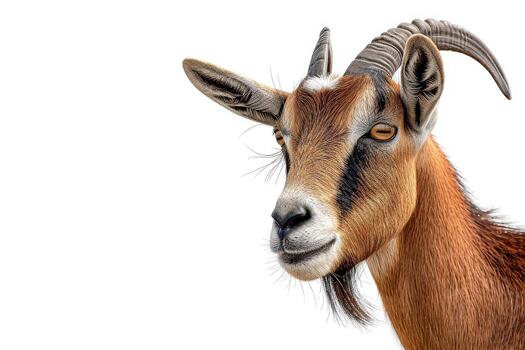 A goat with long horns on a white background photo