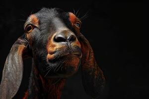 A goat with a black face and brown eyes photo