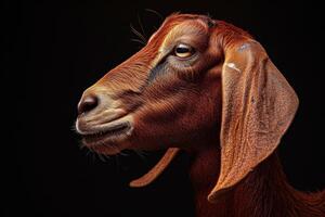 A close up of a goat's head with a black background photo