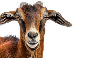 A goat with long horns on a white background photo