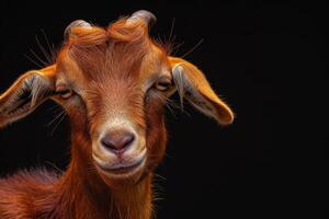 A goat with long horns on a black background photo