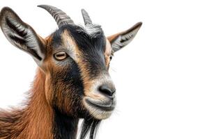 A goat with long horns on a white background photo