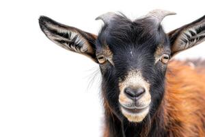 A goat with long horns on a white background photo