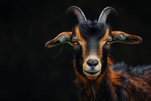 A goat with long horns on a black background photo