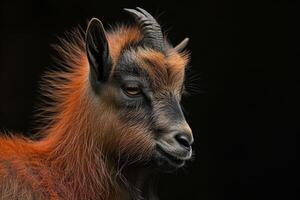 A goat with long hair and horns photo