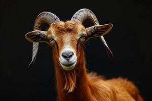 A goat with long horns on a black background photo