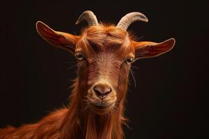 A goat with long horns on a black background photo