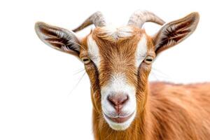 A goat with long horns on a white background photo