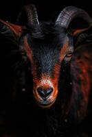 A goat with horns and a black face photo