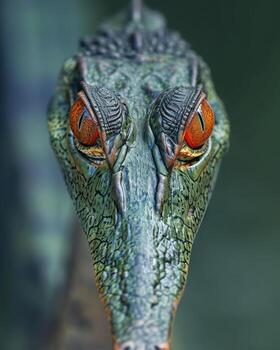 A close up of a green lizard's face photo