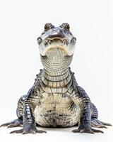 An alligator is sitting down on a white background photo
