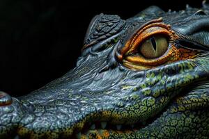 A close up of a large alligator's face photo