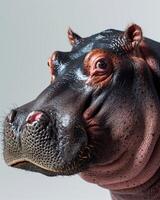 A close up of a hippo's face photo