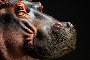 A close up of a hippo's head with a black background photo